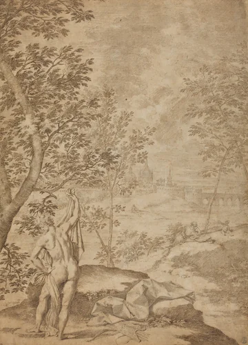 Apollo Standing in a River Landscape by Donato Creti, drawing, 1720-1730