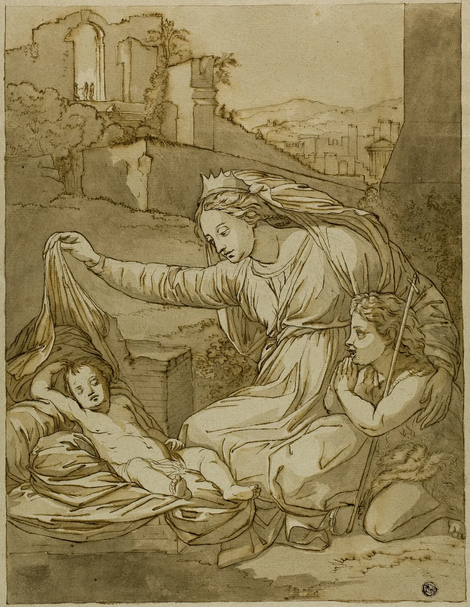 Virgin and Sleeping Christ Child with the Infant John the Baptist by Raffaello Sanzio, drawing, 1700-1799