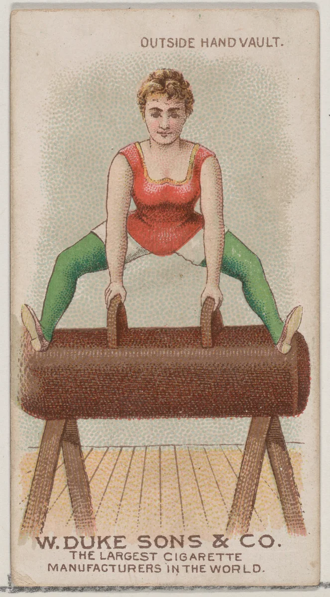 Outside Hand Vault, from the Gymnastic Exercises series (N77) for Duke brand cigarettes by W. Duke, Sons & Co., print, 1887