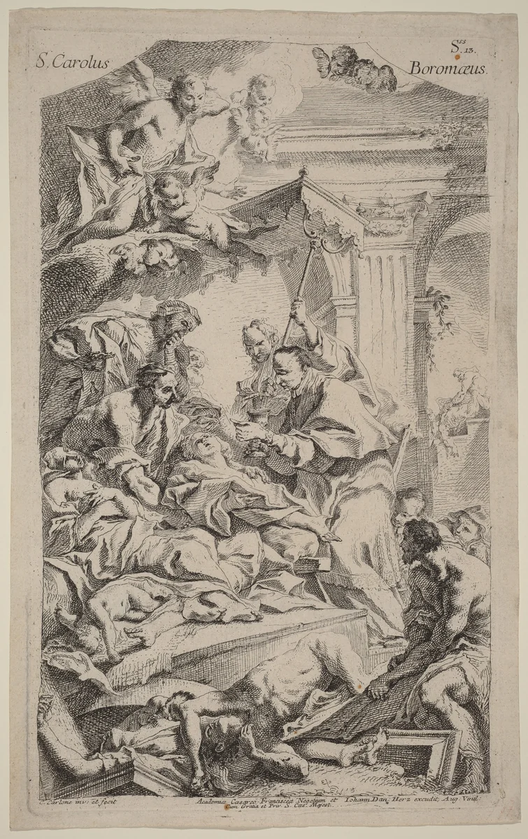 San Carlo Borromeo Giving Last Communion to Victims of the Plague by Carlo Innocenzo Carlone, print, 1719-1729