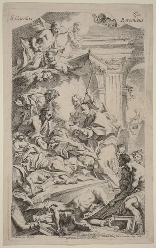 San Carlo Borromeo Giving Last Communion to Victims of the Plague by Carlo Innocenzo Carlone, print, 1719-1729