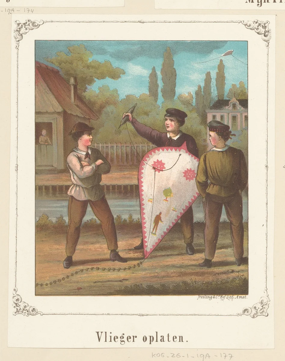 Drie jongens laten een vlieger op by anonymous, print, 1858-1919