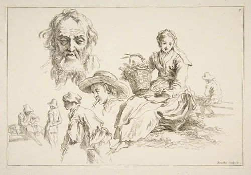 Sheet of Sketches, from "Livre d’étude d’après les desseins originaux de Blomart" by François Boucher, print, 1735