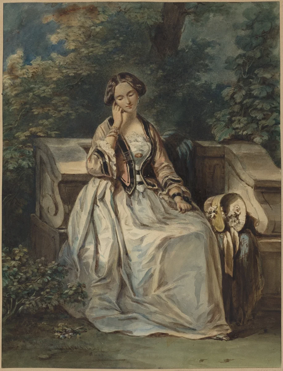 Woman Seated in a Bower by Eugène Devéria, drawing, 1805-1865