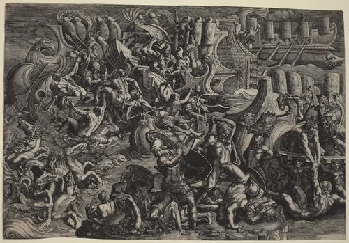 The Trojans Repulsing the Greeks by Giovanni Battista Scultori; Giulio Romano, print, 1538
