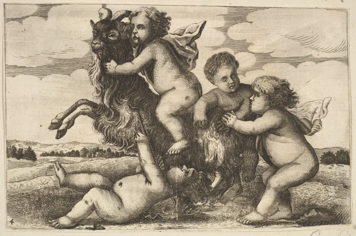 Four small boys and a goat (copy in reverse) by Wenceslaus Hollar, print, 1650-1750