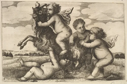 Four small boys and a goat (copy in reverse) by Wenceslaus Hollar, print, 1650-1750