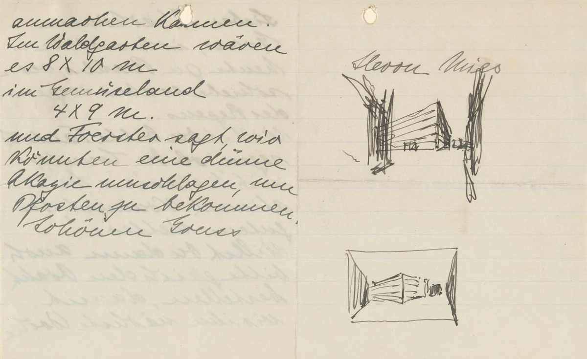 Concrete Office Building, project, Berlin, Germany (Letter with view of building) by Ludwig Mies van der Rohe, mies van der rohe archive, 1923