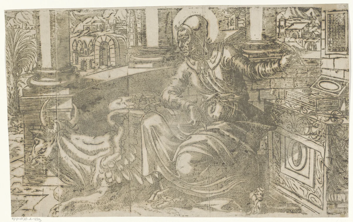 Lucas de evangelist schrijft zijn evangelie by Antoni van Leest, print, 1572-1575