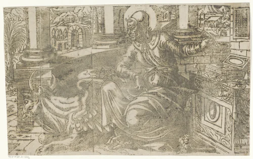 Lucas de evangelist schrijft zijn evangelie by Antoni van Leest, print, 1572-1575