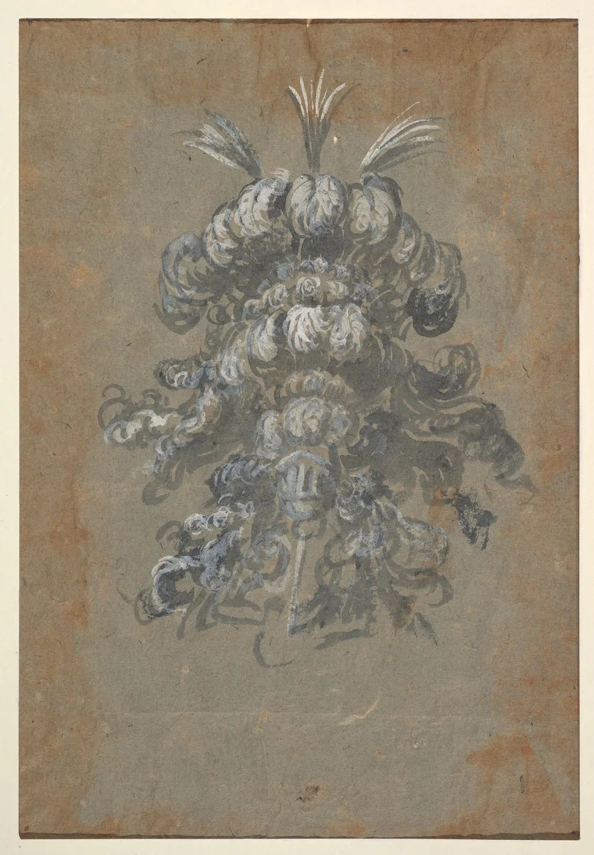 Design for a Lavish Headdress with Feathers on a Helmet (frontal view) by Baccio del Bianco, drawing, 1604-1656