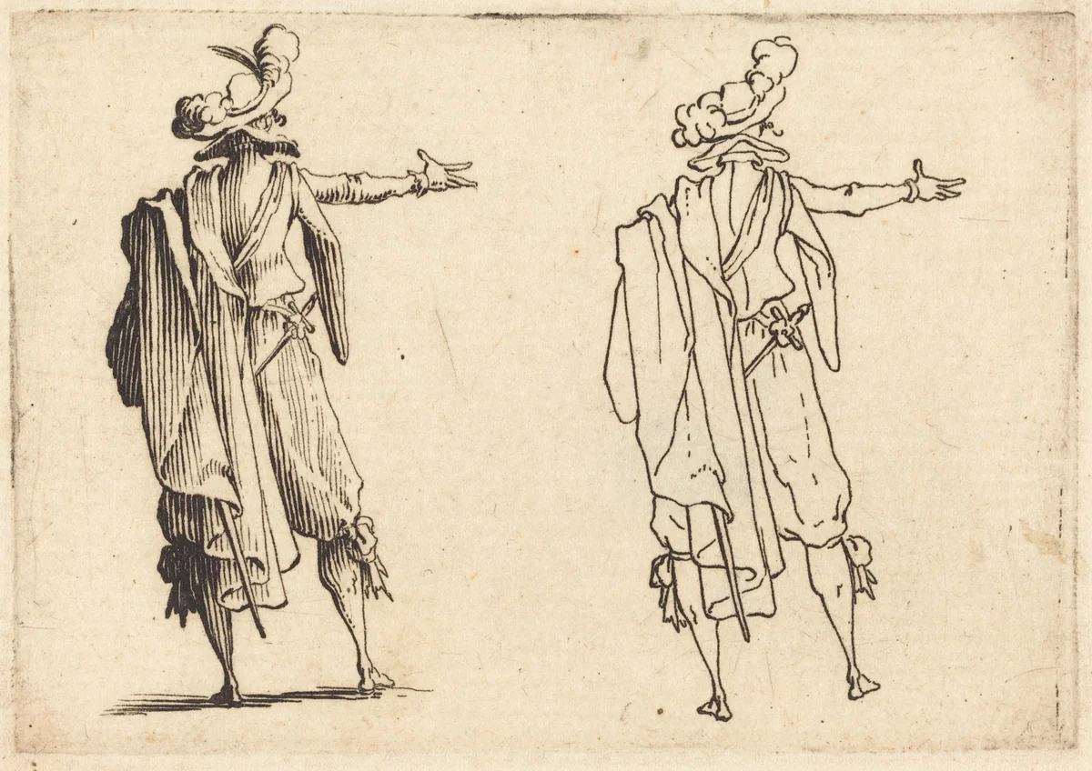 Man seen from Behind with His Right Arm Extended by Jacques Callot, print, 1617
