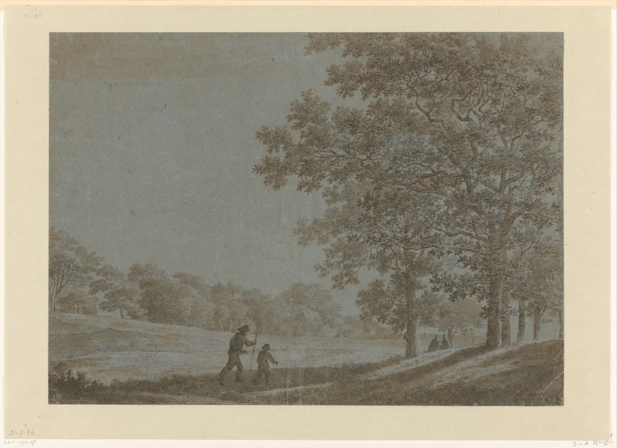 Wandelaars op een weg langs hoge bomen by Joris van der Haagen, drawing, 1625-1669