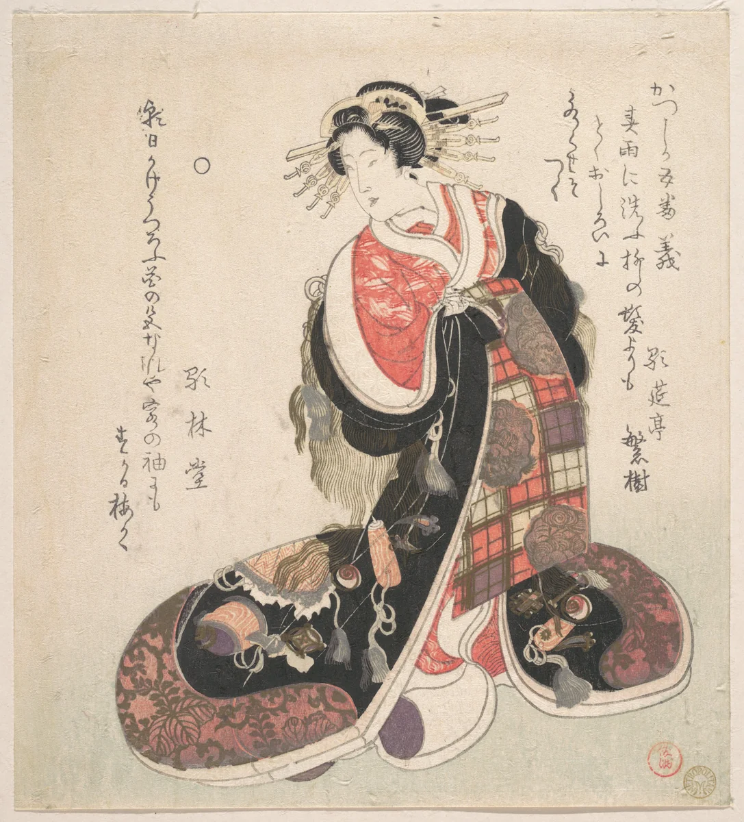 Courtesan Dressed in an Elaborate Gown Embroidered with Emblems of Good Luck by Kubo Shunman (窪俊満), print, 1790-1810