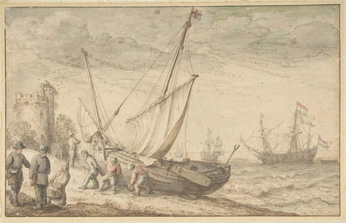 Fisherfolk Hauling their Boat onto the Shore by Adam Willaerts, drawing, 1585-1664