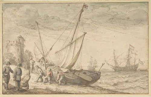 Fisherfolk Hauling their Boat onto the Shore by Adam Willaerts, drawing, 1585-1664