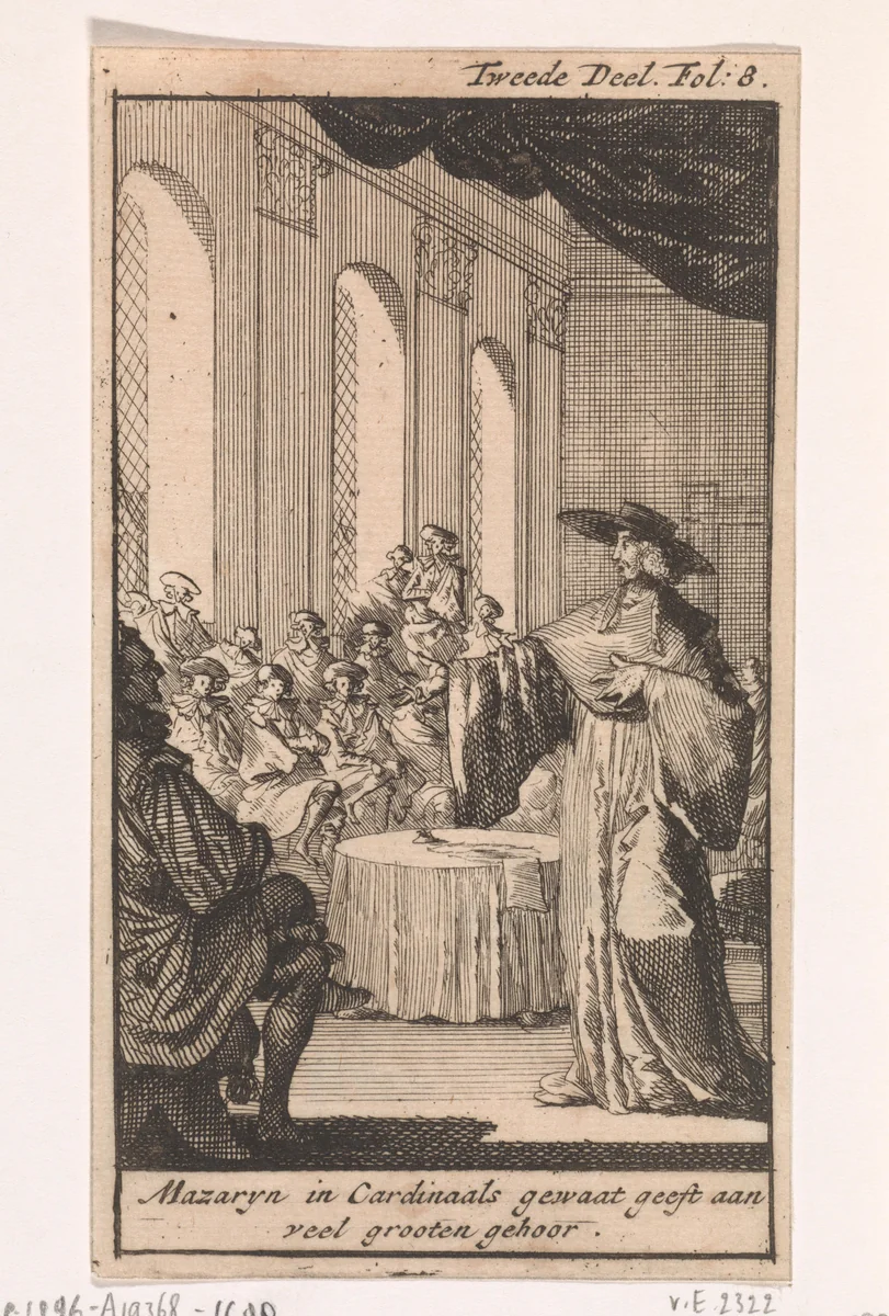 Kardinaal Mazarin verdedigt zich in een statenvergadering by Caspar Luyken, print, 1699