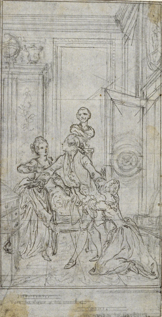 Study for Vignette-Frontispiece in Charles-Simon Favart's "L'Amitié à l'Epreuve" by Hubert François Gravelot, drawing, 1771-1773