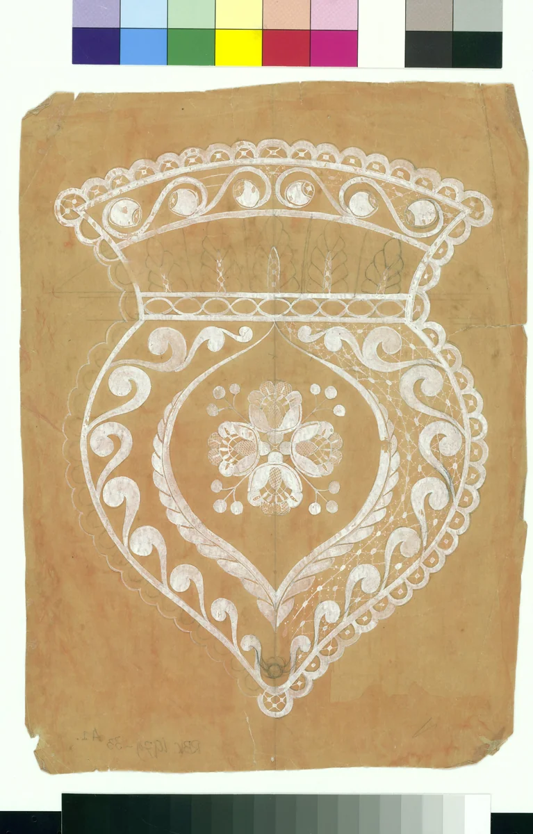 Kantontwerp met een motief van een tas in witte inkt op oranje papier. by Jet Pleging-Faber, other, 1920-1935