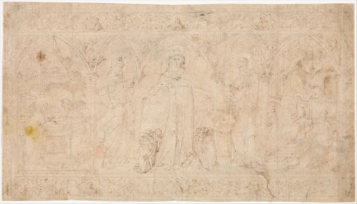 Design for an Antependium: The Madonna della Misericordia with Saints John the Baptist and John the Evangelist, the Circumcision, and the Presentation of the Virgin by Lorenzo Veneziano, drawing, 1365-1372