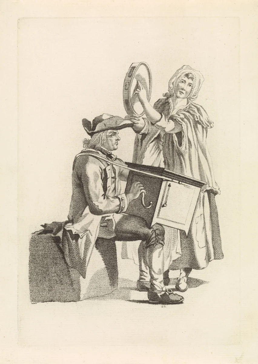 Draaiorgelspeler en vrouw met tamboerijn by Mathias de Sallieth, print, 1772-1791