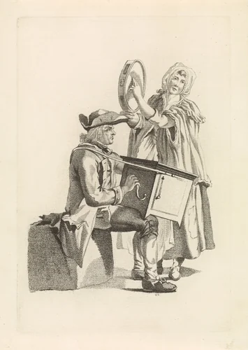 Draaiorgelspeler en vrouw met tamboerijn by Mathias de Sallieth, print, 1772-1791