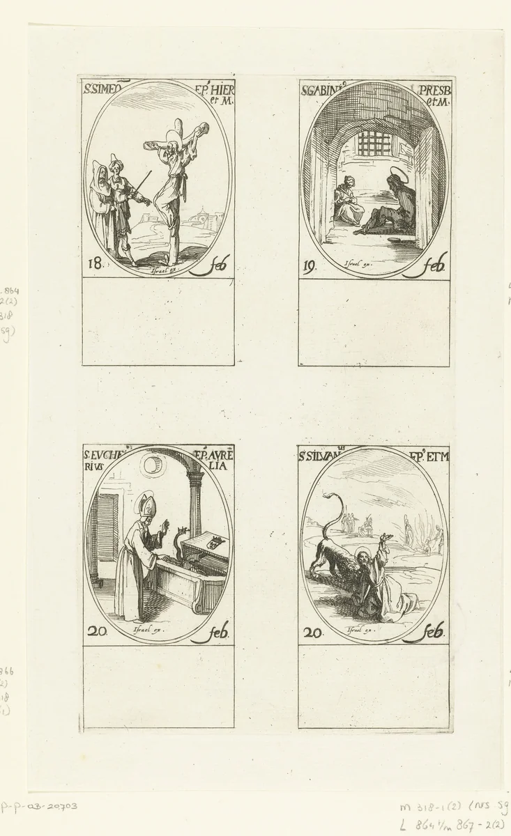 Heilige Simeon van Jeruzalem, Heilige Gabinius, Heilige Eucherius van Orléans, Heilige Silvanus (18-20 februari) by Jacques Callot, print, 1632-1636