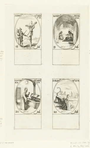 Heilige Simeon van Jeruzalem, Heilige Gabinius, Heilige Eucherius van Orléans, Heilige Silvanus (18-20 februari) by Jacques Callot, print, 1632-1636