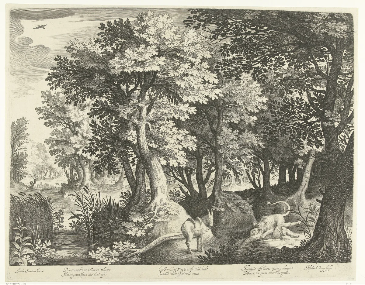 Landschap met profeet uit Juda die wordt verscheurd door een leeuw by Unknown, print, 1581-1656