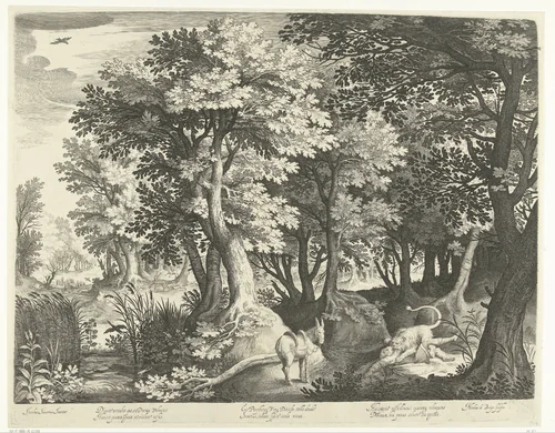 Landschap met profeet uit Juda die wordt verscheurd door een leeuw by Unknown, print, 1581-1656