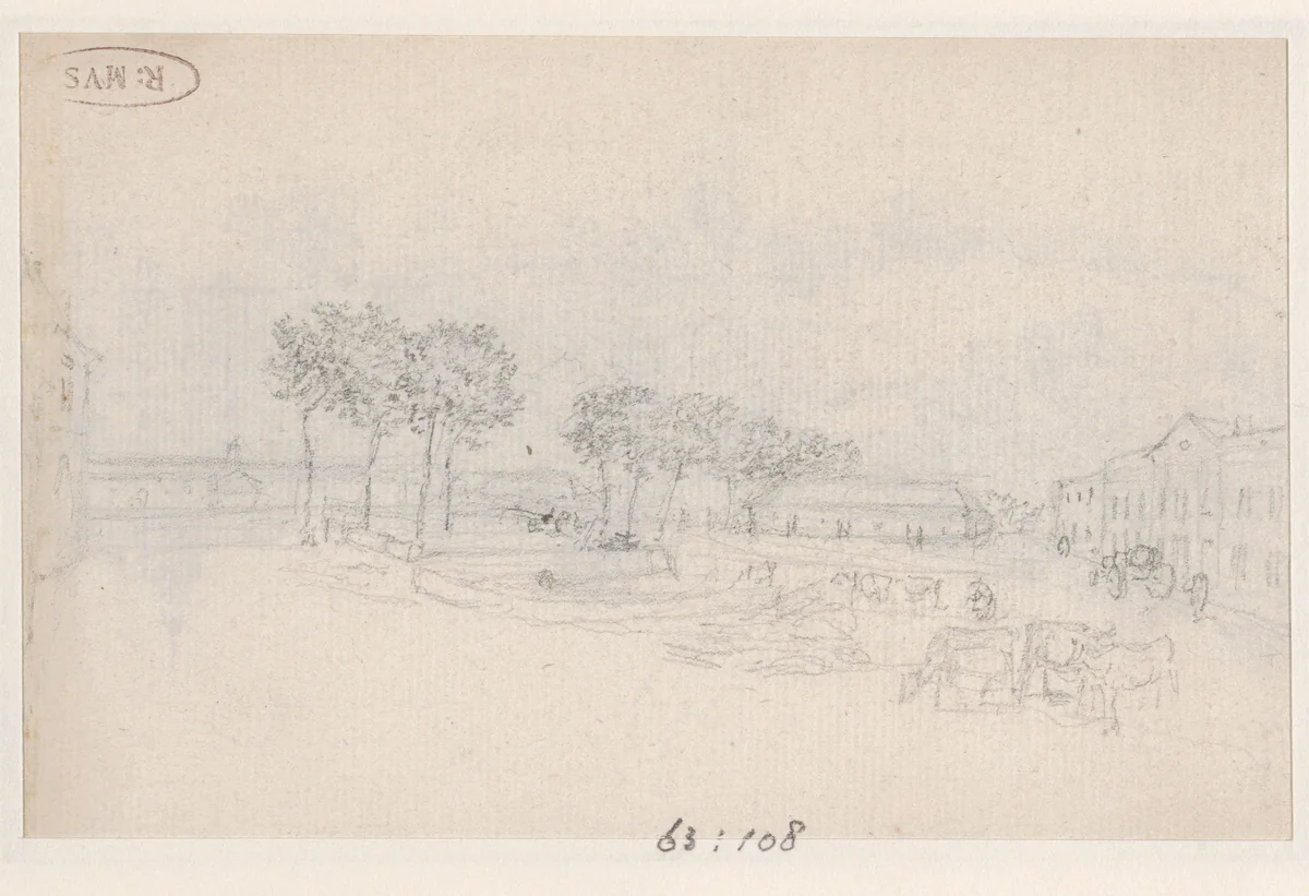 Grote gebouwen en koeien op de voorgrond by Georges Michel, drawing, 1773-1843