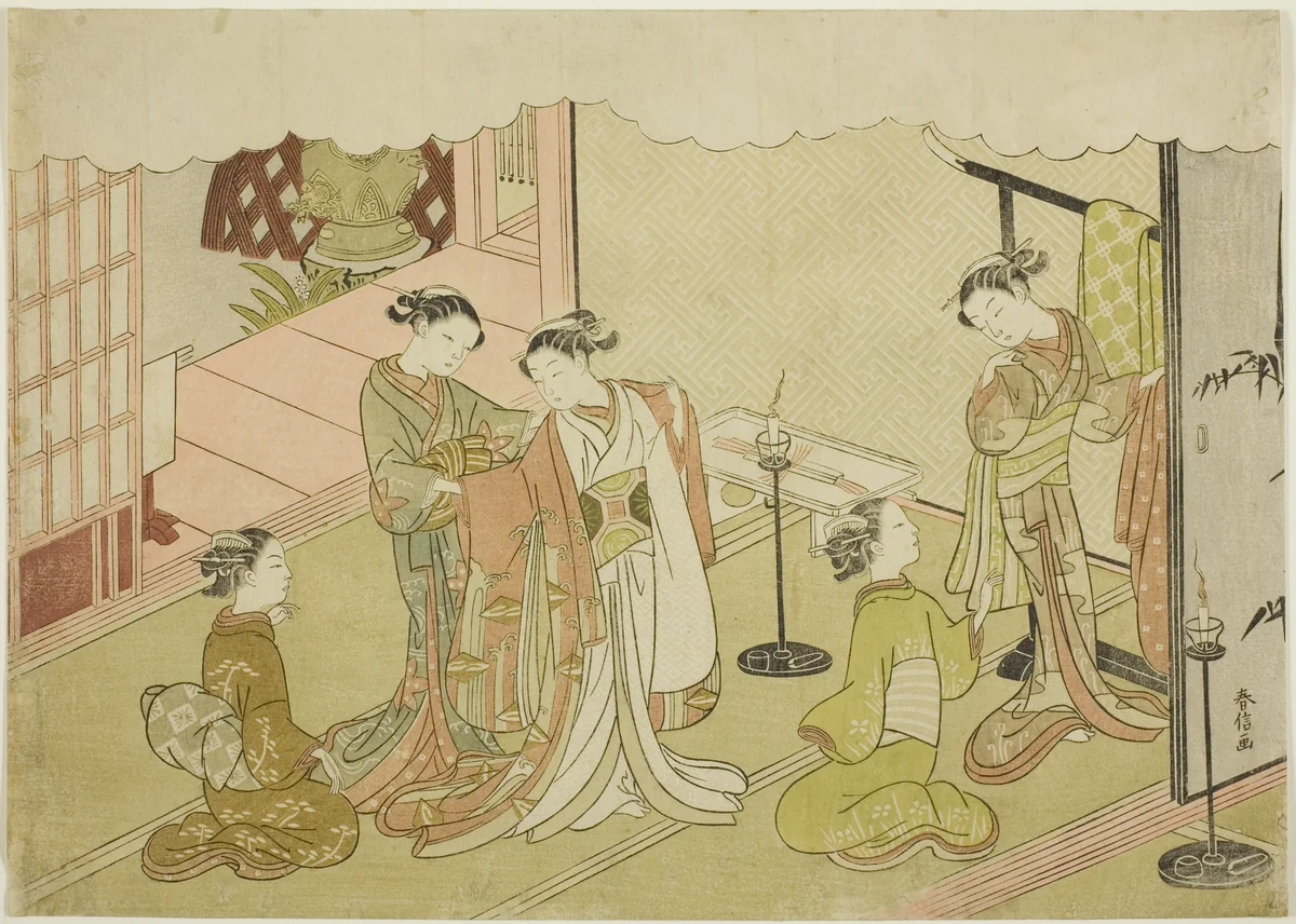 The Bride Changing Clothes (Iro-naoshi), the fifth sheet of the series "Marriage in Brocade Prints, the Carriage of the Virtuous Woman (Konrei nishiki misao-guruma)" by Suzuki Harunobu (鈴木春信), print, 1764-1770