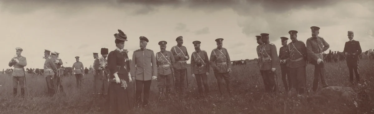 Count Fredericks, Grand Duchess Xenia Alexandrovna, General Mosolov, General Derfeling and General Luchitskii, Flowers in Hand, Ropsha by Unidentified Photographer, photograph, 1907