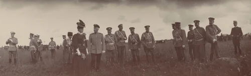 Count Fredericks, Grand Duchess Xenia Alexandrovna, General Mosolov, General Derfeling and General Luchitskii, Flowers in Hand, Ropsha by Unidentified Photographer, photograph, 1907