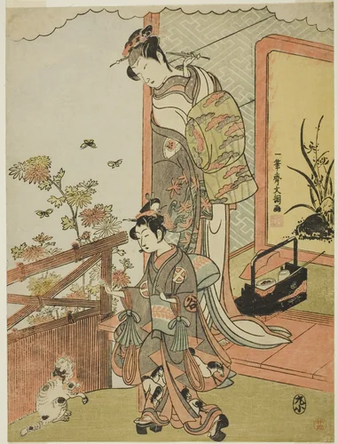 The Actor Onoe Matsusuke I as Oiso no Tora (?) (right), and Otani Taniji (left) by Ippitsusai Buncho, print, 1765-1775
