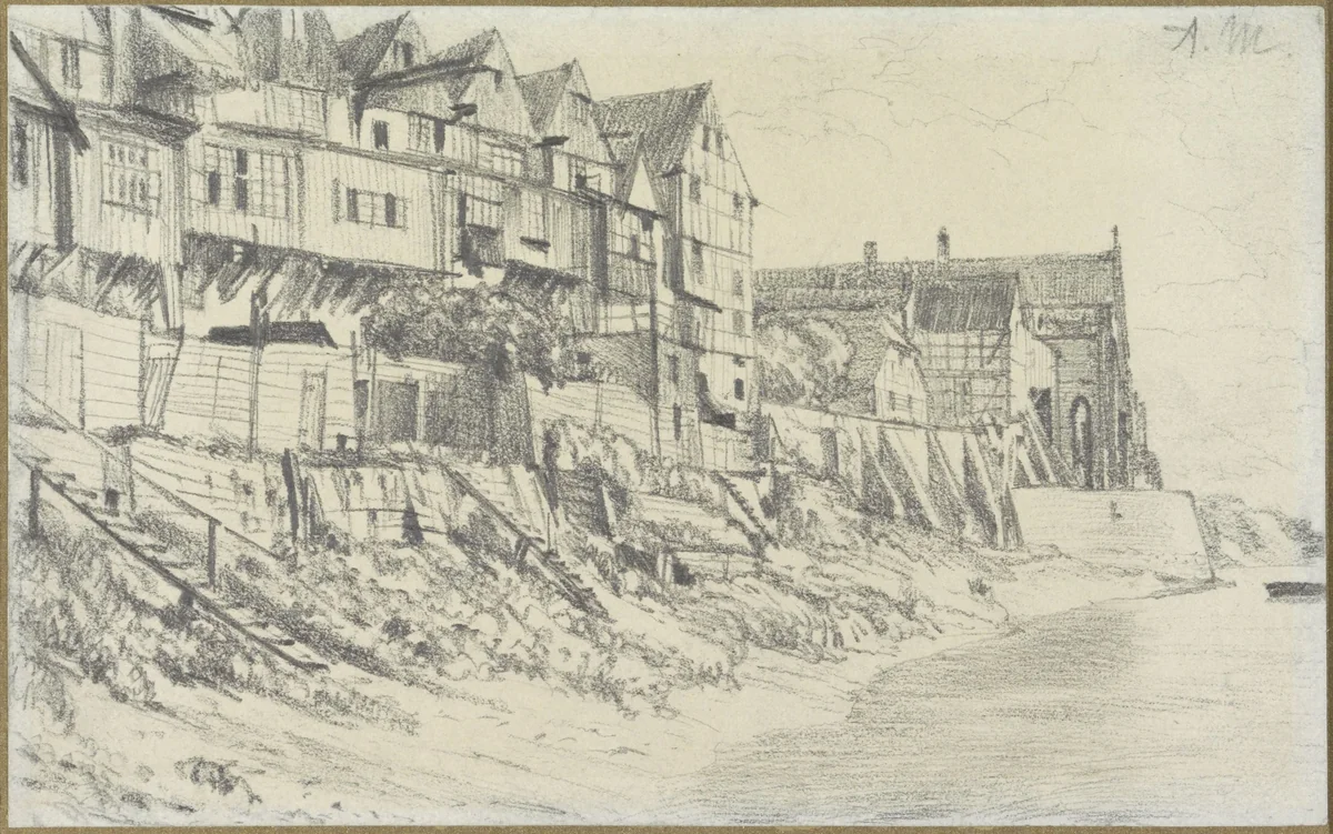Oude huizen aan de Noord-Duitse kust by Adolph Menzel, drawing, 1825-1905
