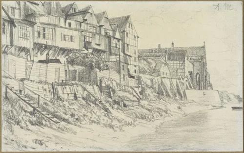 Oude huizen aan de Noord-Duitse kust by Adolph Menzel, drawing, 1825-1905