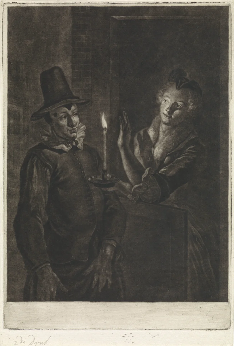 Jan Claasz of de gewaande dienstmaagd: de liefdesverklaring van Reinier Adriaansz by Abraham Delfos, print, 1741-1820