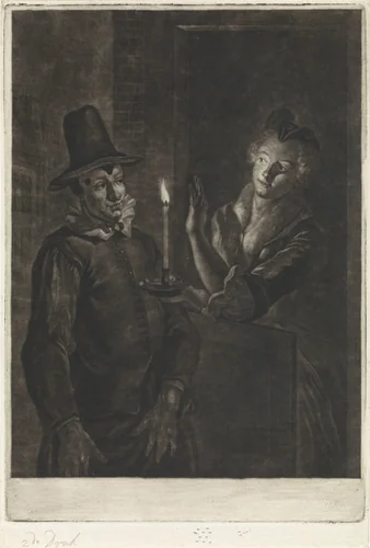 Jan Claasz of de gewaande dienstmaagd: de liefdesverklaring van Reinier Adriaansz by Abraham Delfos, print, 1741-1820