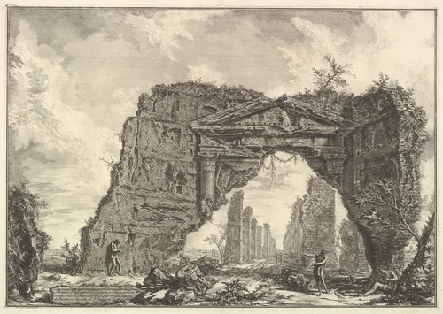 Remains of a covered portico, or a cryptoporticus, in a villa of Domitian, five miles outside Rome on the Frascati road, from Vedute di Roma (Roman Views) by Giovanni Battista Piranesi, print, 1761-1771