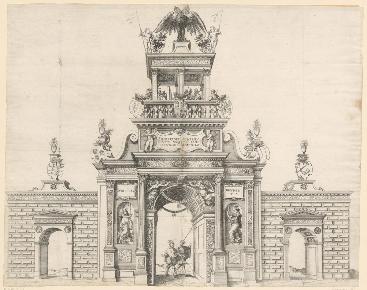 Triomfboog opgericht voor de intocht van Maximiliaan II in Neurenberg in 1570 by Jost Amman, print, 1570