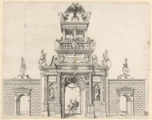 Triomfboog opgericht voor de intocht van Maximiliaan II in Neurenberg in 1570 by Jost Amman, print, 1570