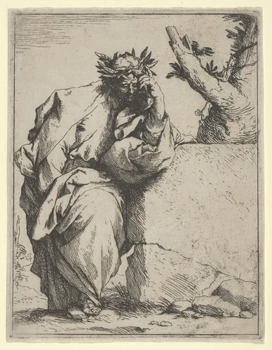 The poet, standing crowned with laurel, leaning on a stone by Jusepe de Ribera, print, 1620-1621