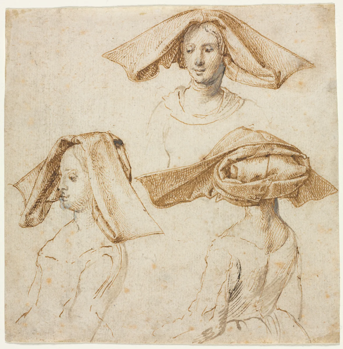 Three Studies of a Woman Wearing an Elaborate Headdress by anonymous, drawing, 1495-1505