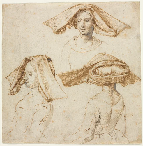 Three Studies of a Woman Wearing an Elaborate Headdress by anonymous, drawing, 1495-1505