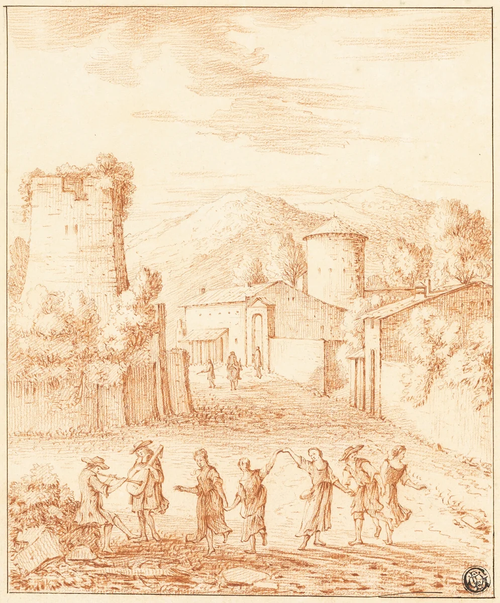 Dancers and Musicians Before Village with Ruined Tower by Claude Lorrain, drawing, 1620-1682