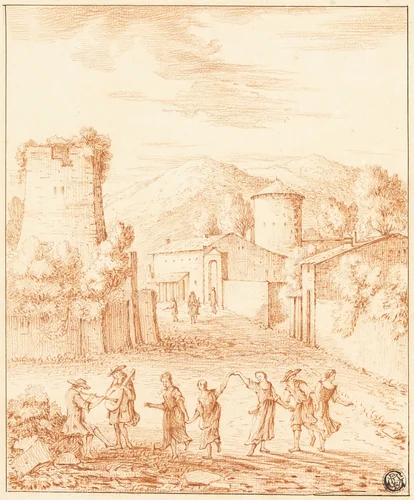 Dancers and Musicians Before Village with Ruined Tower by Claude Lorrain, drawing, 1620-1682