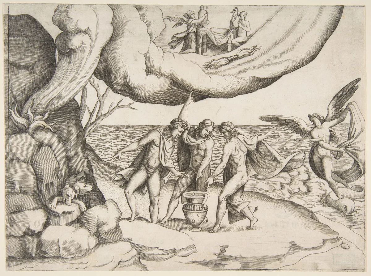 Jupiter, Neptune and Pluto dividing the universe, from "Division of the Universe" by Giulio Bonasone, print, 1531-1576