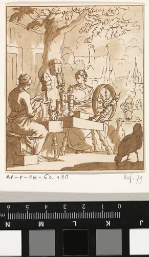 Spinnende vrouwen by Guillaume Saint, print, 1740-1780