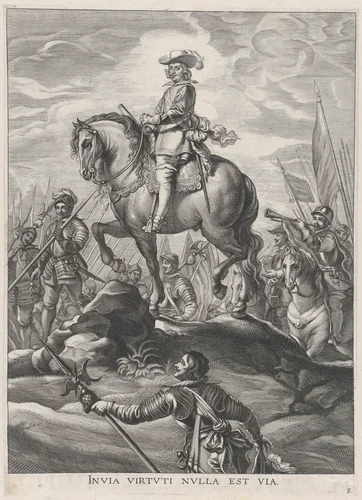Plate 8: Ferdinand on horseback crossing the Alps; from Guillielmus Becanus's 'Serenissimi Principis Ferdinandi, Hispaniarum Infantis...' by Pieter de Jode II, print, 1636